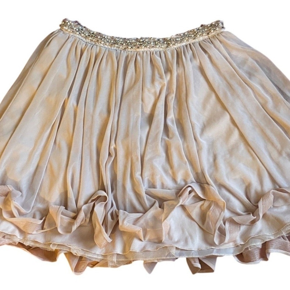 Sequin Hearts Champagne Pink Beaded Pearl Waist Mesh Mini Skirt Size 9 Ethereal